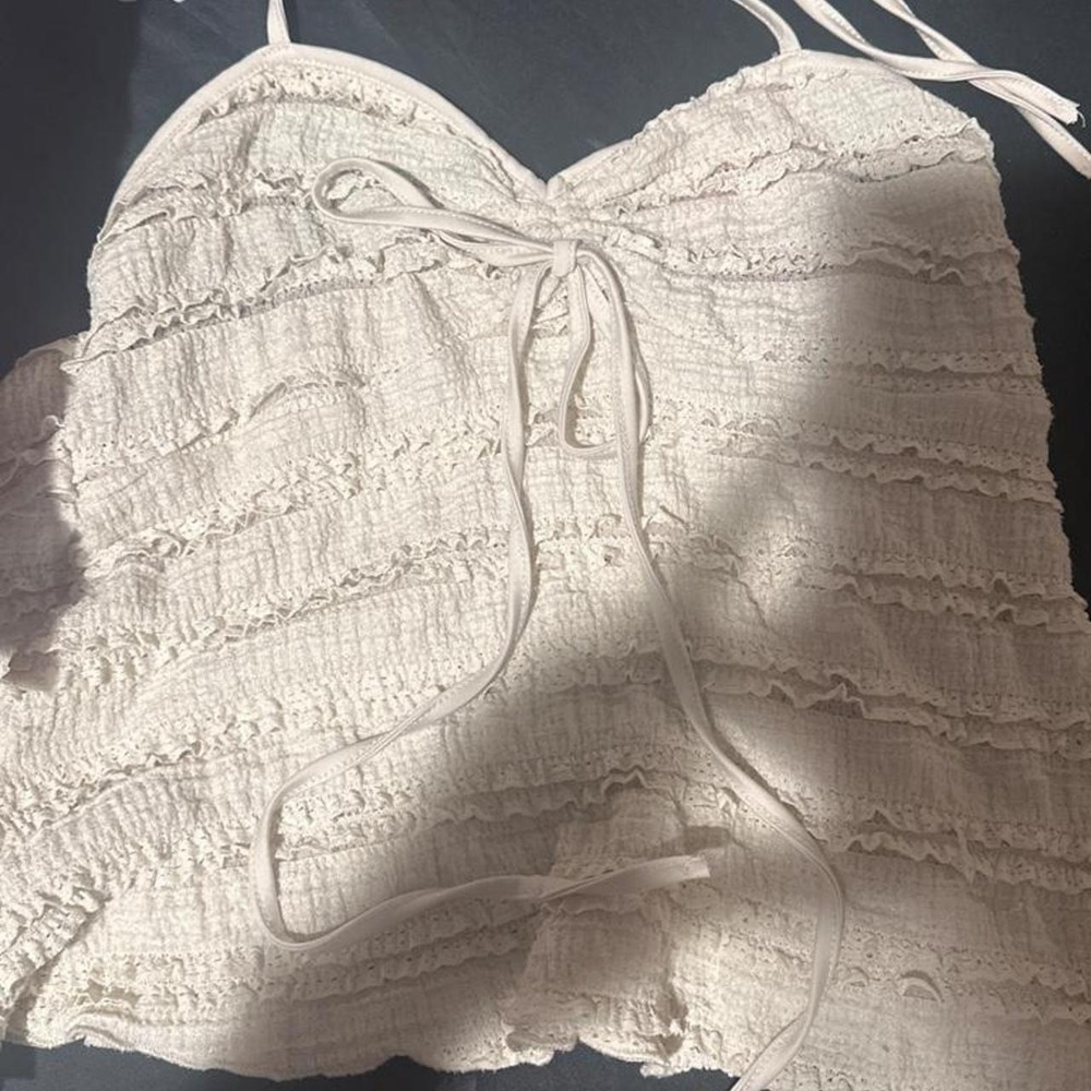 Cream Tiered Ruffle Cami Top Textured Smocked Lace Trim Drawstring XL